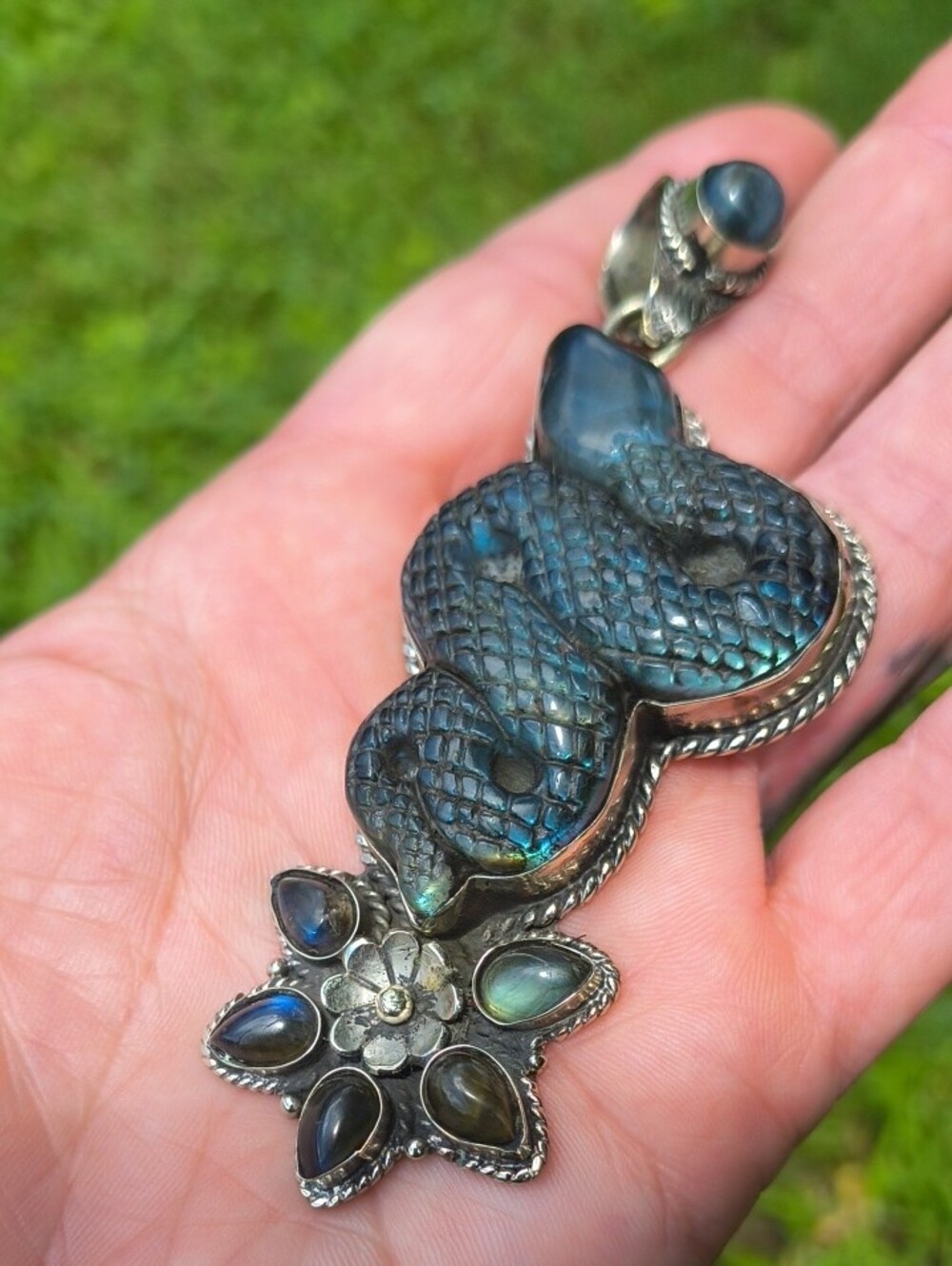 GORGEOUS HUGE STATEMENT Labradorite Snake Tibetan Silver Pendant Boho Chic Goth - Picture 6 of 11